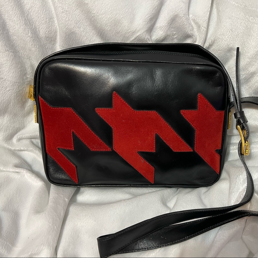 Celine Leather/Suede Black/Red Houndstooth design camera bag